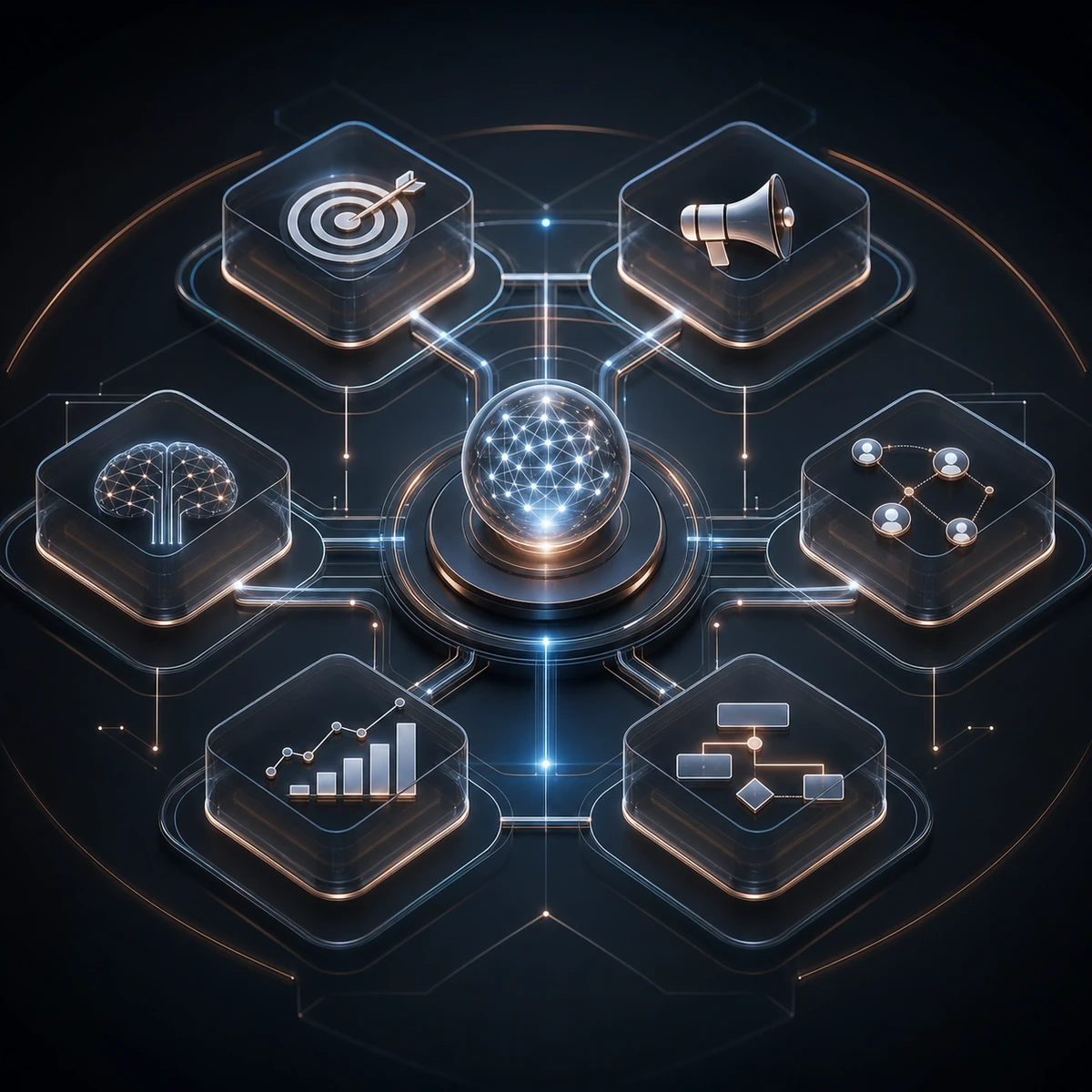 Sistema operativo digitale con moduli di marketing, AI, workflow e analytics