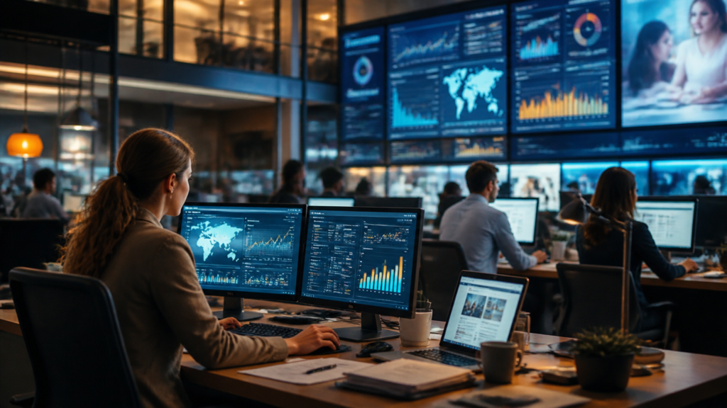 SEO automation in redazione: giornalisti lavorano con dashboard di analytics e metriche di posizionamento