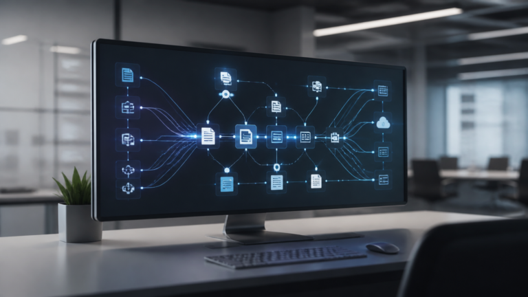 Workflow n8n per automazione editoriale con nodi interconnessi e flussi di processo in ambiente tech moderno